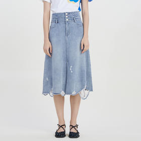 谜底高腰A字型牛仔半身裙2023夏季新款复古修身散边磨破232MB0548