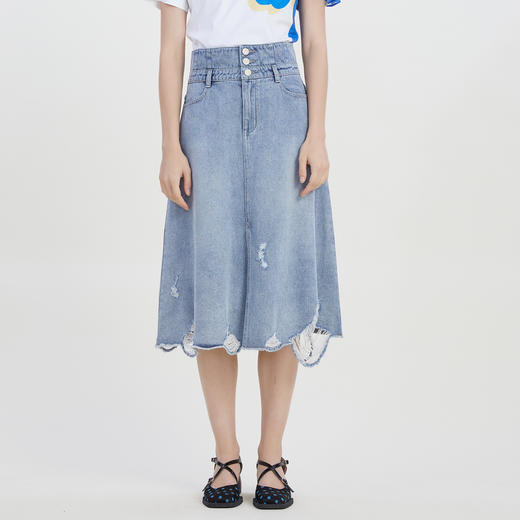 谜底高腰A字型牛仔半身裙2023夏季新款复古修身散边磨破232MB0548 商品图0