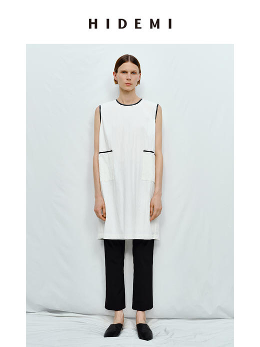 HIDEMI 皮边镶嵌包边工艺极简圆领口袋连衣裙 黑色/白色 商品图0