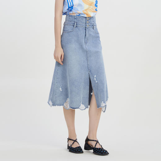 谜底高腰A字型牛仔半身裙2023夏季新款复古修身散边磨破232MB0548 商品图1