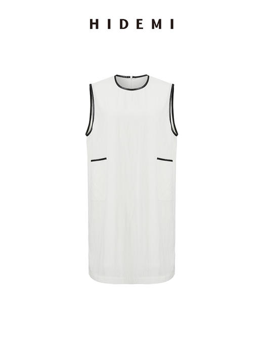 HIDEMI 皮边镶嵌包边工艺极简圆领口袋连衣裙 黑色/白色 商品图9