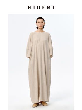 HIDEMI 艺术肌理感燕麦亚麻大廓形系带慵懒连衣裙