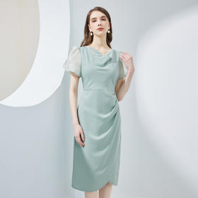 NF8G4斯尔丽瑟俪2023夏季新款泡泡袖公主范腰间褶皱立体裁剪连衣裙