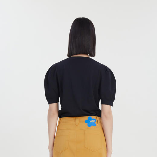 谜底复古文艺圆领套头针织衫短袖女2023夏款花朵泡泡袖232MZ0879 商品图2