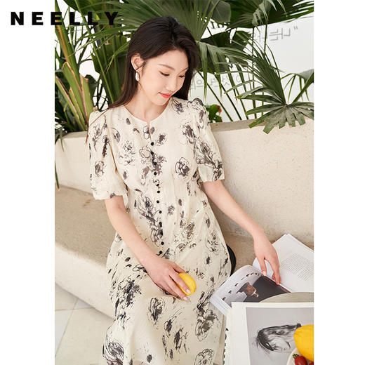 NEELLY纳俪商场同款法式印花气质碎花连衣裙女泡泡袖收腰A字裙夏N23044Y03308 商品图1