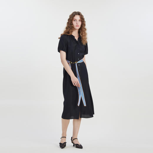 谜底时尚圆领A型连衣裙短袖2023夏新款通勤风长裙配腰带232ML0633 商品图1