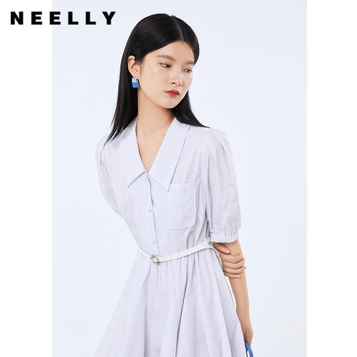 NEELLY纳俪条纹连衣服女中长款短袖收腰系带A字裙时尚百搭夏季N21072Y01056 商品图2