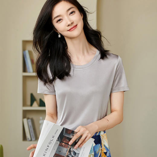 米思阳2024夏季新款百搭直筒爽滑醋纤亲肤短袖T恤纯色上衣女1597 商品图0