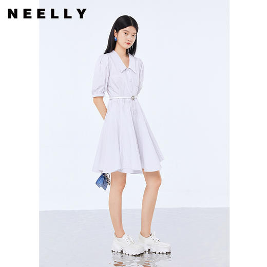 NEELLY纳俪条纹连衣服女中长款短袖收腰系带A字裙时尚百搭夏季N21072Y01056 商品图0