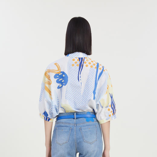 谜底复古抽象印花大廓形衬衫短袖女2023夏新款棉麻衬衣232MC0585 商品图2