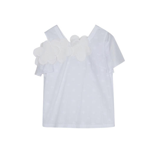 谜底时尚露肩上衣短袖女2023夏款圆领立体花朵装饰衬衫232MS0714 商品图4