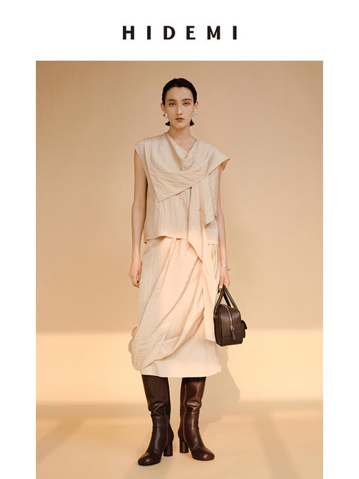 HIDEMI 不对称丝巾设计感艺术微褶皱堆叠套装 上衣/半裙 商品图0
