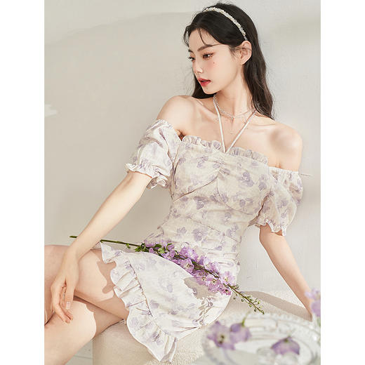 甜美纯欲显瘦方领碎花连衣裙女新款夏季荷叶边开叉仙女裙V1231341 商品图4