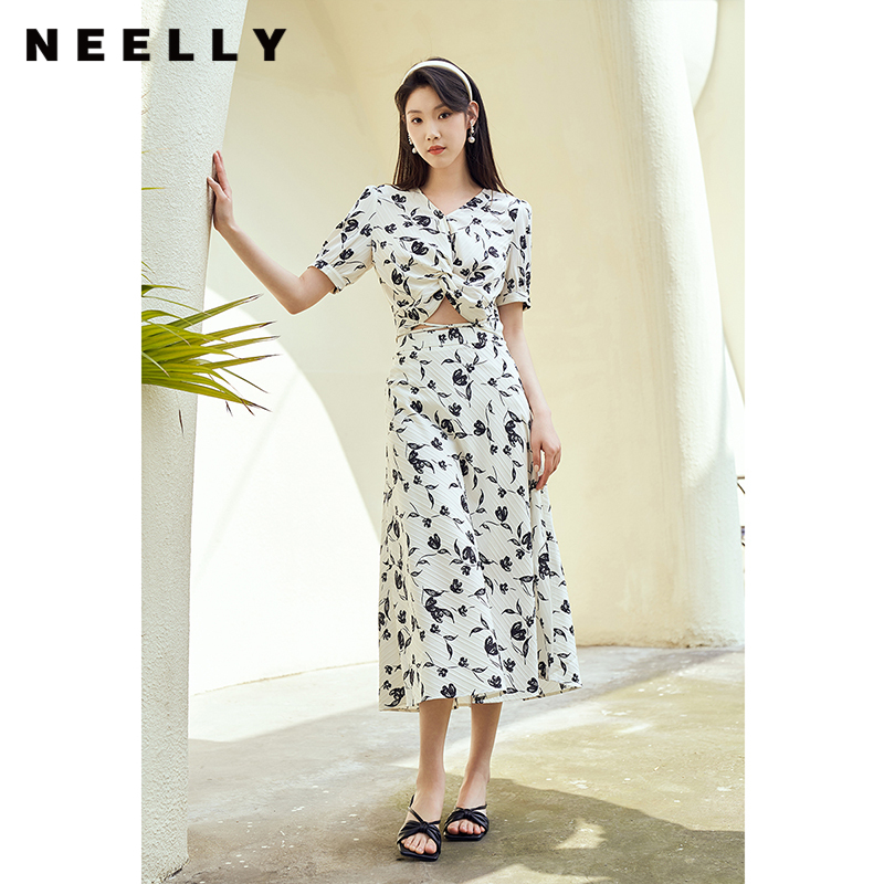 NEELLY纳俪商场同款法式桔梗泡泡袖上衣女碎花A字半身裙两件套潮N23044Z03306