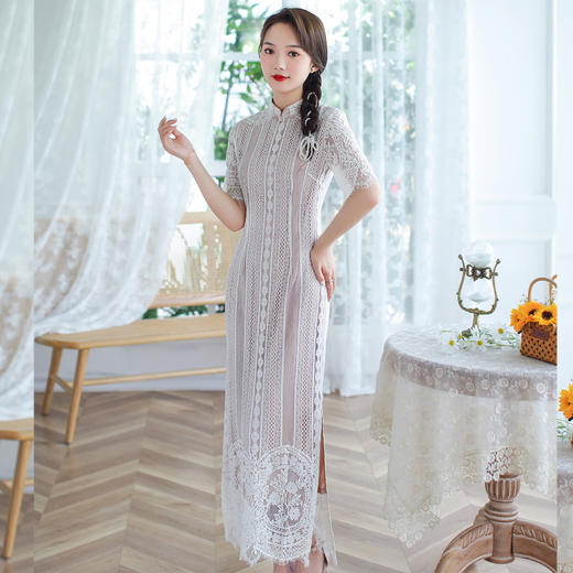 时尚修身，意襟小立领精品棉蕾丝少女款旗袍连衣裙ZSM-210402 商品图2