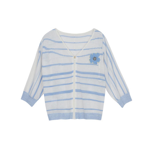 谜底文艺风V领针织开衫分袖女2023夏季新款条纹针织衫232MZ0872 商品图4