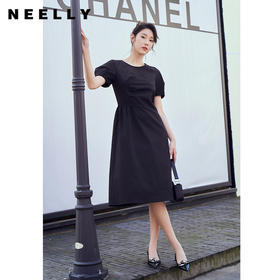 NEELLY纳俪商场同款复古泡泡袖连衣裙女收腰夏季新款中长款收腰裙N23044Y03307