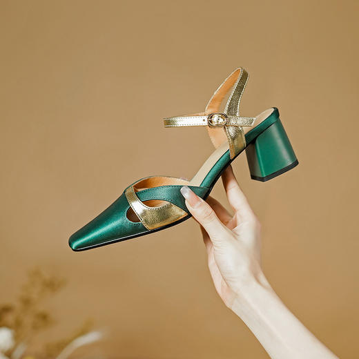 复古女人味，方头粗跟包头凉鞋PS1370 商品图2