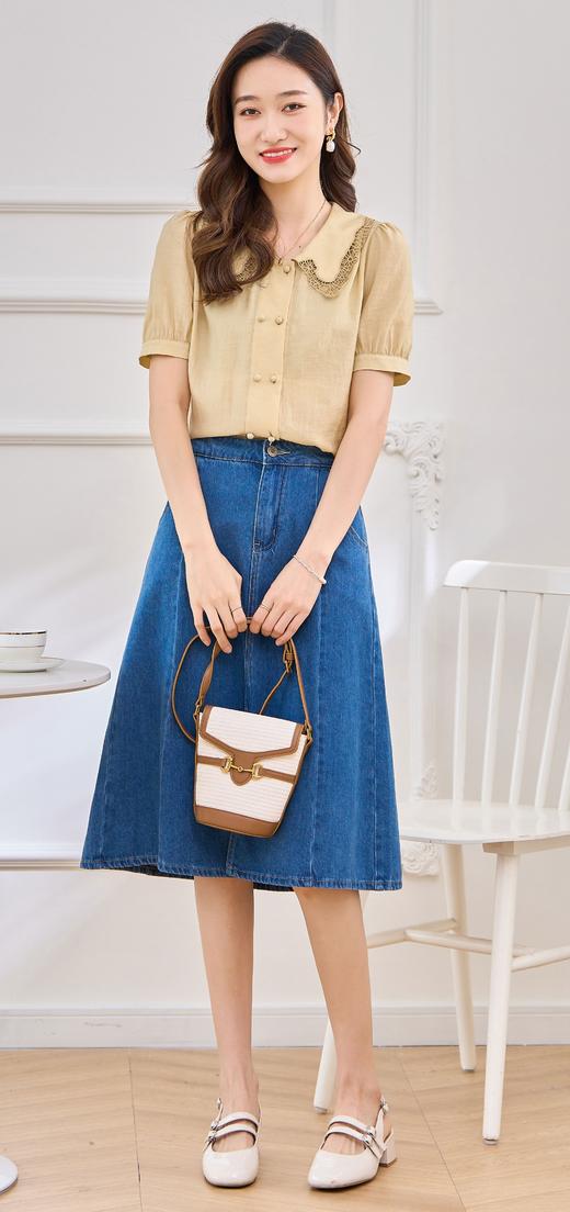 【618秒杀】熙世界醋酸混纺缎面泡泡袖衬衫女设计感蕾丝翻领小衫2025夏装新款 商品图1