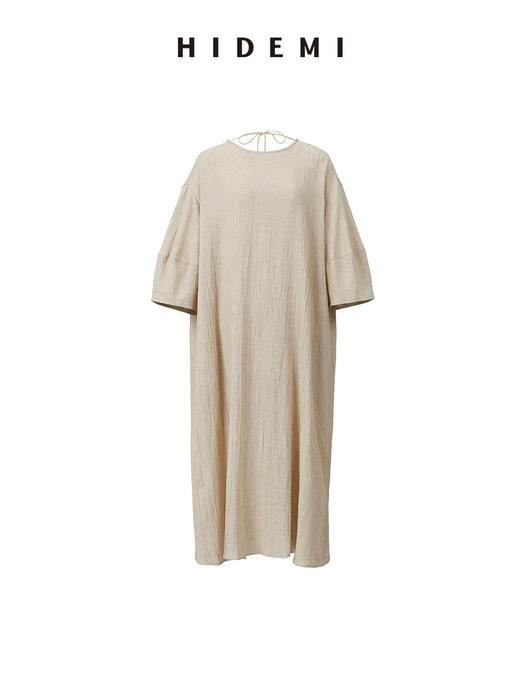 HIDEMI 艺术肌理感燕麦亚麻大廓形系带慵懒连衣裙 商品图8