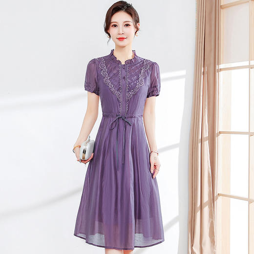 夏季新款，纯色系带收腰裙木耳边圆领短袖裙时尚女装中长款A字裙QYM-JJ-GQ967-Y 商品图1