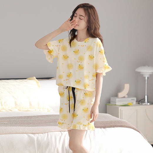 可人儿夏季短袖睡衣女士夏天薄款全棉短裤少女大码家居服套装 商品图3