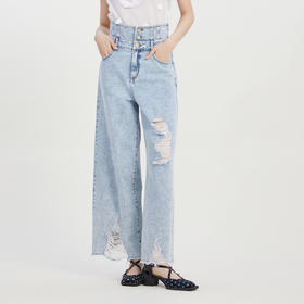 谜底复古高腰阔腿破洞牛仔裤女2023夏新款裤脚散边长裤232MK0512