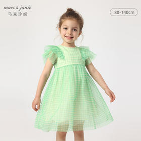 马克珍妮夏装新款裙子 女童绿格网纱拼接短袖连衣裙230982