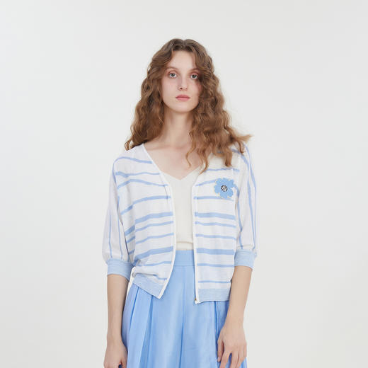 谜底文艺风V领针织开衫分袖女2023夏季新款条纹针织衫232MZ0872 商品图0