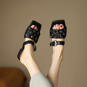 夏季新款，真皮复古一字型金属装饰凉拖鞋JLY-08-86