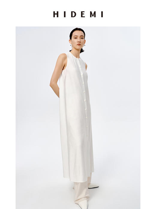 HIDEMI极简设计感纽扣垂坠感艺术褶皱连衣长裙 商品图1