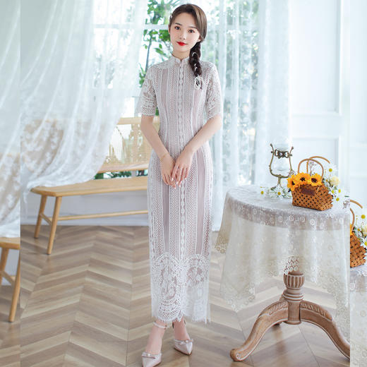 时尚修身，意襟小立领精品棉蕾丝少女款旗袍连衣裙ZSM-210402 商品图1