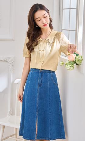 【618秒杀】熙世界醋酸混纺缎面泡泡袖衬衫女设计感蕾丝翻领小衫2025夏装新款