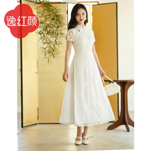 逸红颜楚然2025年夏季新款奥黛裙花边连衣裙女改良旗袍短袖圆领 商品图0