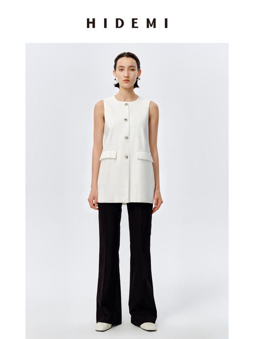 HIDEMI 水洗亚麻圆领口袋显瘦极简西装马甲 商品图0