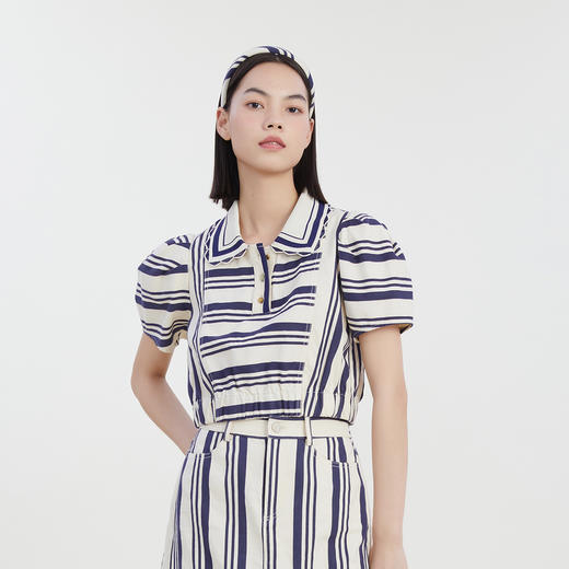 谜底POLO领短款上衣2023夏季新款时尚套头复古条纹宽松232MS0615 商品图0