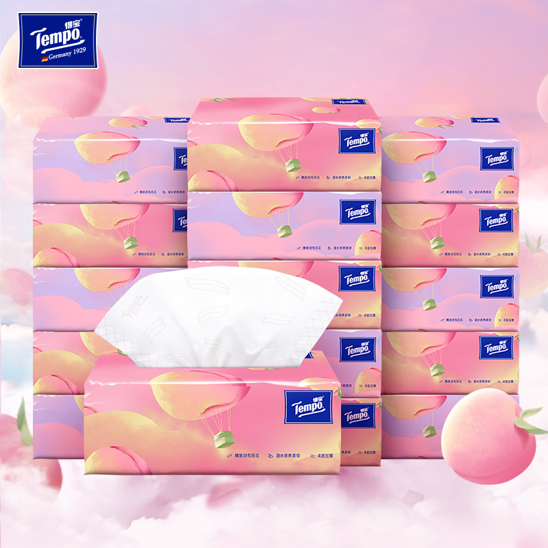 『得宝Tempo』软抽甜心桃味4层加厚90抽16包箱装（新旧款随机发）