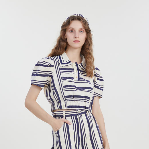 谜底POLO领短款上衣2023夏季新款时尚套头复古条纹宽松232MS0615 商品图1