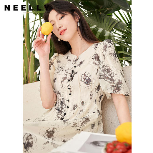 NEELLY纳俪商场同款法式印花气质碎花连衣裙女泡泡袖收腰A字裙夏N23044Y03308 商品图2