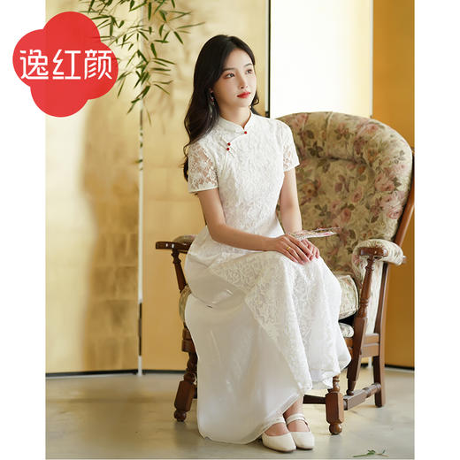 逸红颜楚然2025年夏季新款奥黛裙花边连衣裙女改良旗袍短袖圆领 商品图2