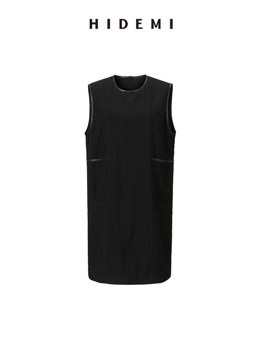 HIDEMI 皮边镶嵌包边工艺极简圆领口袋连衣裙 黑色/白色 商品图8