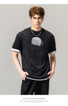 PINLI品立春季新款男士体恤印花圆领短袖T恤上衣BG231111036