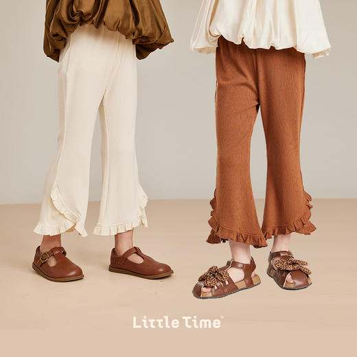 littletime女童荷叶边休闲裤2023新款白色微叭裤垂感九分长裤 商品图0