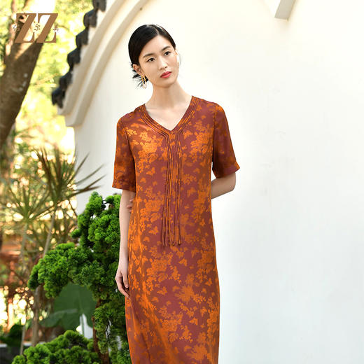 佐尔美夏季新款 100%桑蚕丝国风V领真丝连衣裙女E32LS14 商品图3