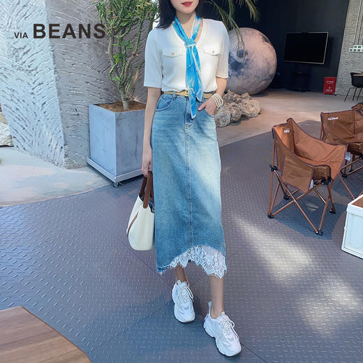 蕾丝拼接牛仔半裙 复古开叉牛仔a字半身裙 高腰中长款裙子显瘦9422140003 商品图5