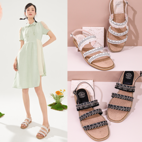 Safiya/索菲娅2023夏季新品露趾一字带气质闪钻小香仙女风凉鞋 SF32115059