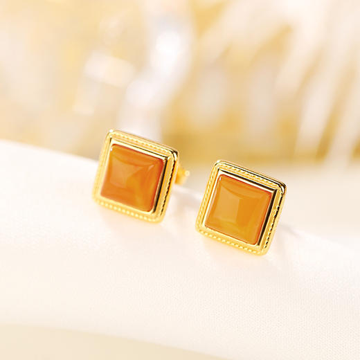S925纯银镀金复古蜜蜡简约四方形优雅温柔耳饰CW 商品图1