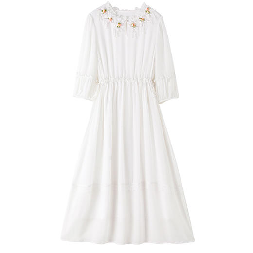 时尚气质，女绣花木耳边年轻款妈妈设计感桑蚕丝轻奢白色真丝连衣裙KQN-82399539 商品图3