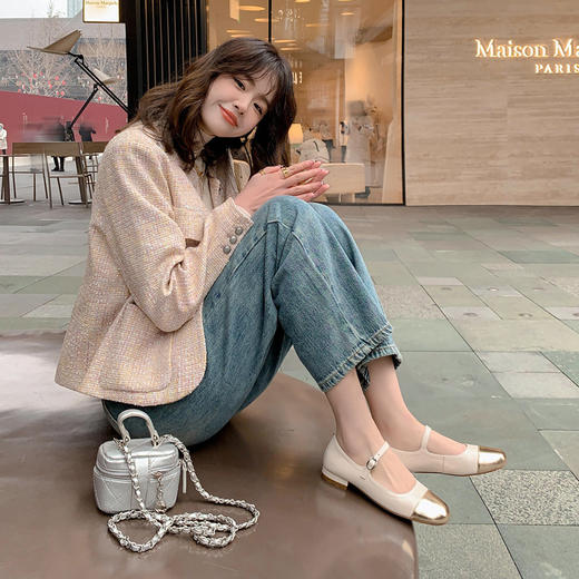 BSH3020622舒适百搭拼色羊皮玛丽珍鞋2023春季INS网红方头全皮仙女搭扣单鞋 商品图1