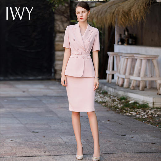 IWY/夏高级感短袖粉色西装套装女主持人正装气质两粒扣经理工作服CS1786 商品图2